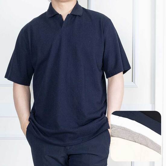 여름 중년 남자 캐주얼 면 오픈 카라넥 반팔 티셔츠